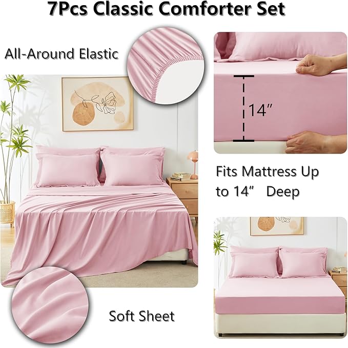 CozyLux King Size Comforter Sets Pink - 7 Pieces Bed in a Bag King Luxury Soft Bed Set for All Seasons Bedding Set with Down Alternative Comforter Sheets Pillowcases &amp Shams
