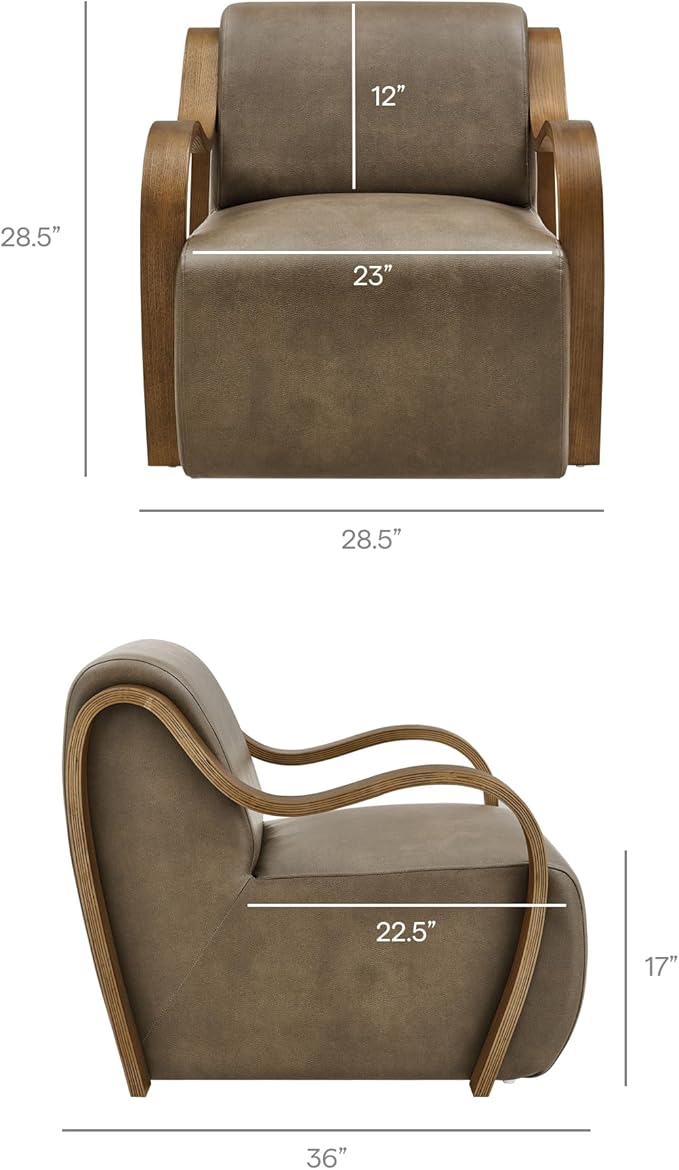 Modway Atrium Vegan Leather Upholstered Lounge Chair in Mushroom with Sculptural Bentwood Arms – Mid-Century Modern Accent Armchair for Living Room or Bedroom