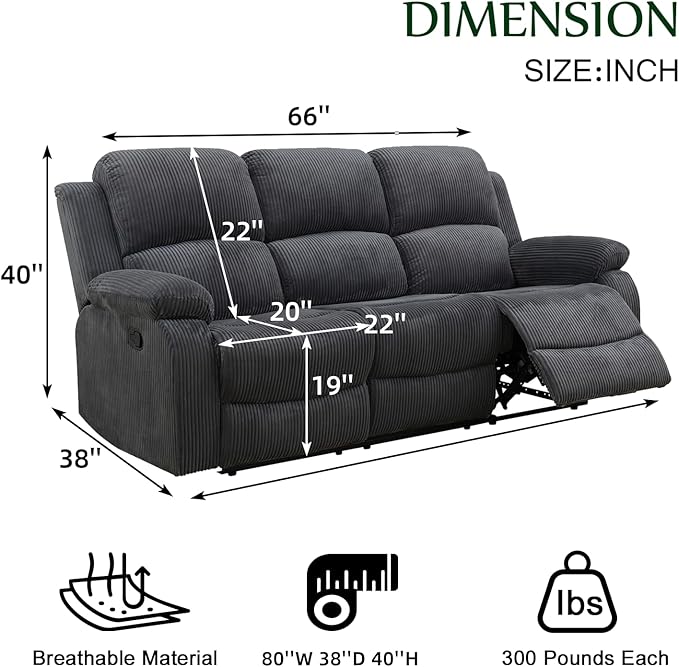 Fabric Recliner SofaReclining Sofa for Living Room Furniture SetsDark Gray Wall Hugger Recliner Couch with Hidden Table/Cup Holders for Living Room/Theater Seating(3 Seater Sofa)