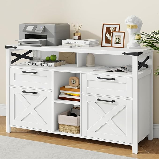 Farmhouse Filing Cabinet with Adjustable Shelf for Home Office Lateral File Cabinets 4 Drawers with Open Storage Shelf Filing Organization Storage Cabinets for Hanging Files Letter/A4.(White)
