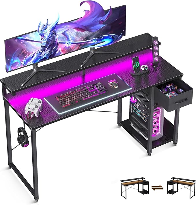 AODK Gaming Desk with LED Lights 55 Inch Computer Desk with Drawers Reversible Small Desk with Monitor Stand &amp Headphone Hook for Home Office Black