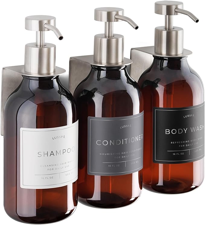 Shower Shampoo Dispenser Wall Mounted – 3 Refillable 16.9 oz Amber Bottles with Stainless Steel Pumps &amp No-Drill Adhesive Holders – Soap Dispenser Set for Bathroom (3 X Amber/Silver)