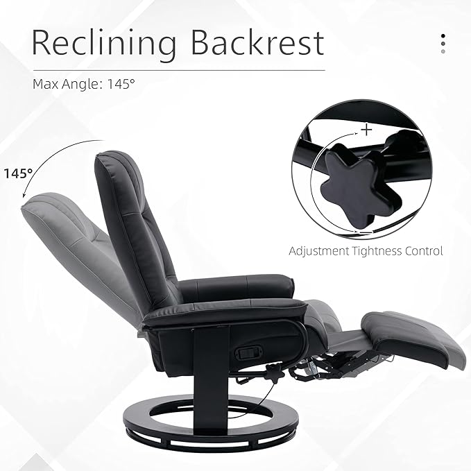 Faux Leather Manual ReclinerAdjustable Swivel Lounge Chair with FootrestCan Rotate 360 DegreesL-Right Angle Curved Wooden Frame Armrest and Wrapped Wood Base for Living RoomBlack