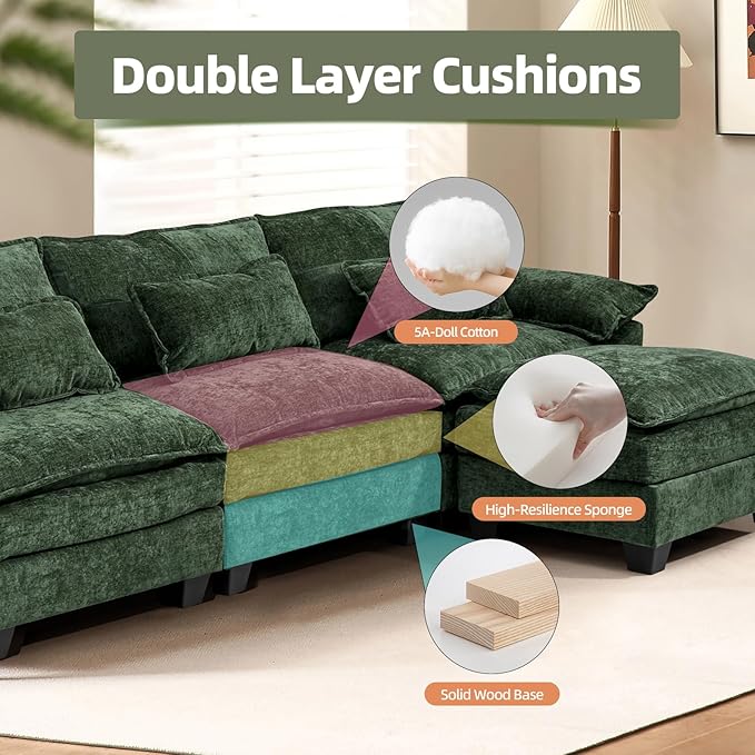 108 Modular Sectional Sofa Comfy Cloud Couch with Ottoman &amp USB Port for Living Room L Shaped Modern Chenille Couches with Throw Pillows for Bedroom Apartment Green