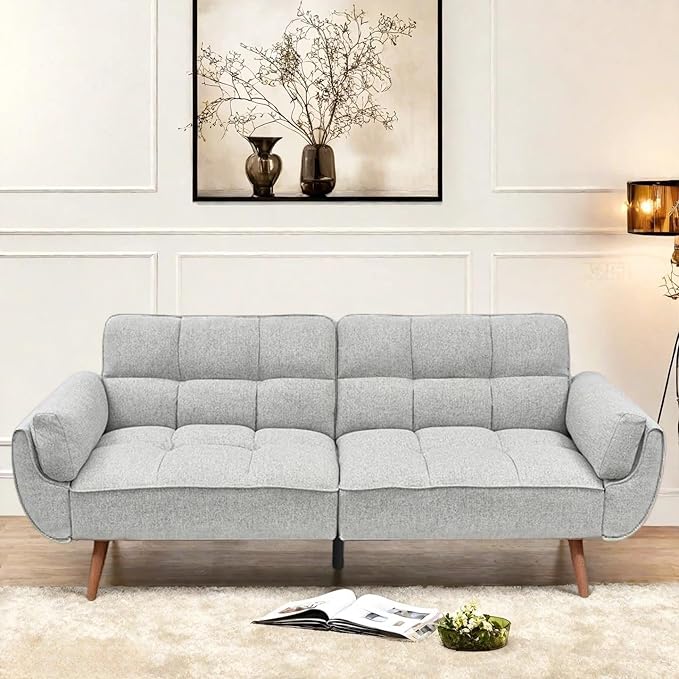 Convertible Futon Sofa Bed Modern Futon Couch with 2 Pillows Small Futons Couch with Adjustable Armrest &amp Backrest Loveseat Sofa Bed for Living Room Bedroom Gray