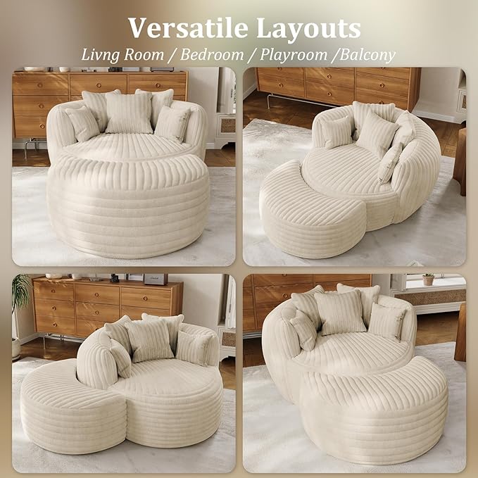 50 Oversized Chaise Lounge Indoor Round Reading Chair Lounge Chair with Ottoman Boneless Sofa Bed Large Fluffy Plush Corduroy Chaise Chair for Living Room Playroom Bedroom Beige White