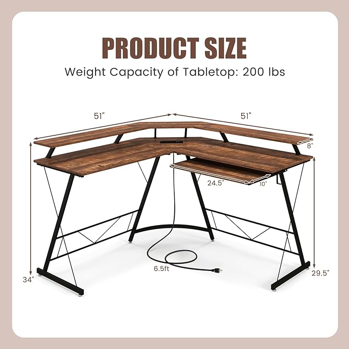 Giantex L Shaped Computer Desk with Power Outlet 51 Corner Computer Desk with Monitor Stand and Reversible Keyboard Tray Modern Gaming Desk with Hook Home Office Desk Workstation (Rustic Brown)