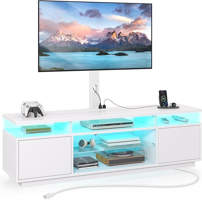 Rolanstar TV Stand with Mount and Power Outlet 51.2 Swivel TV Stand Mount for 32/45/55/60/65/70 inch TVs Height Adjustable Modern Entertainment Center with Storage &amp LED Lights TV Table White
