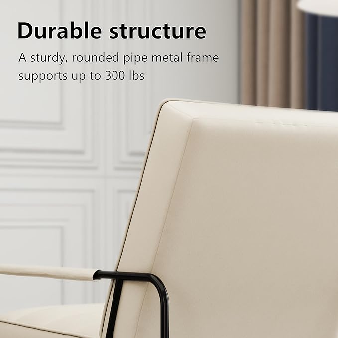 Modern Metal ed Armchair with Beige Technical Leather Stylish Comfortable Indoor Lounge Accent Chair for Living Room OfficeBedroom