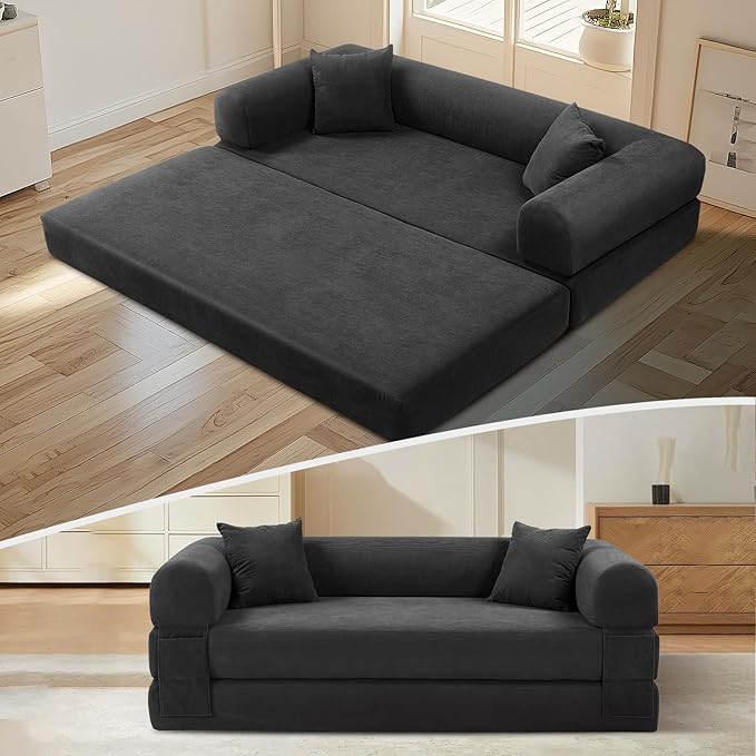 KBQ 3-Seat Convertible Sleeper Sofa Bed with 2 Pillows Corduroy Folding Mattress Couch Floor Sofa Lounge Couch for Living Room Bedroom Lounge Studio Deep Gray