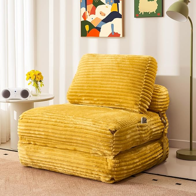 Folding Sofa Bed Convertible Sleeper Chair with Pillow Foldable Mattress Lounge Chair for Living Room Bedroom Portable Guest Bed Yellow