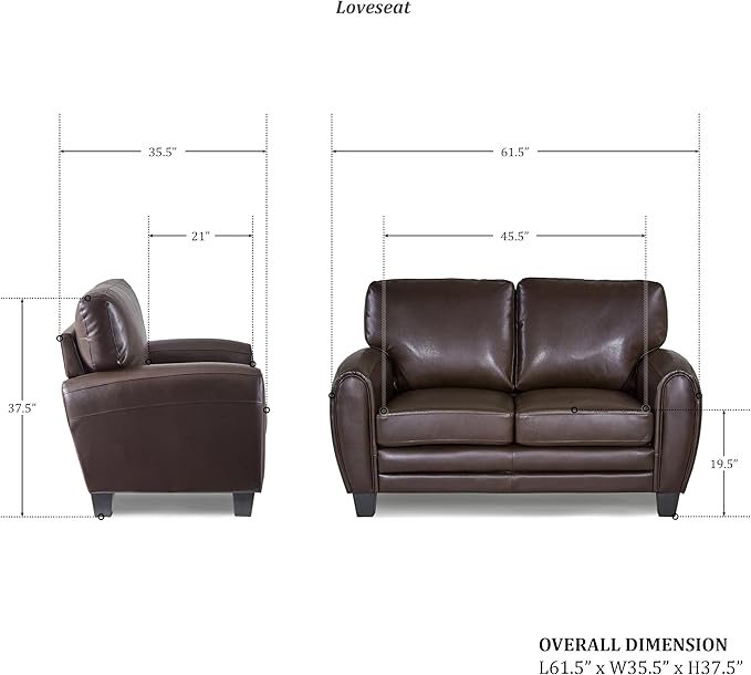 Homelegance 61.5W Rubin Modern Loveseat with Track Arms Foam Cushions Comfort 2 Seater Couch Faux Leather Love Seat for Living Room Apartment Office Easy Assembly Dark Brown