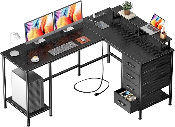 59 inch L Shaped Computer Desk with Power Outlets Home Office Desk with 4 Adjustable Storage Drawers &amp 2 Monitor Stands Two Person Gaming Table for Bedroom Black