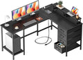 59 inch L Shaped Computer Desk with Power Outlets Home Office Desk with 4 Adjustable Storage Drawers &amp 2 Monitor Stands Two Person Gaming Table for Bedroom Black