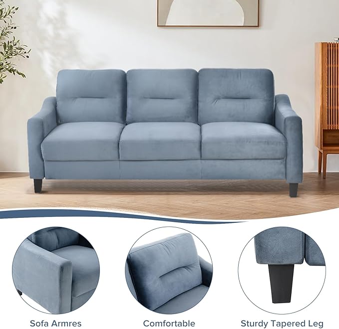 Velvet Upholstered 3 Seats SofaMordern Couch with Tufted Strip Back Cushion for LivingroomApartmentOffice Blue Grey