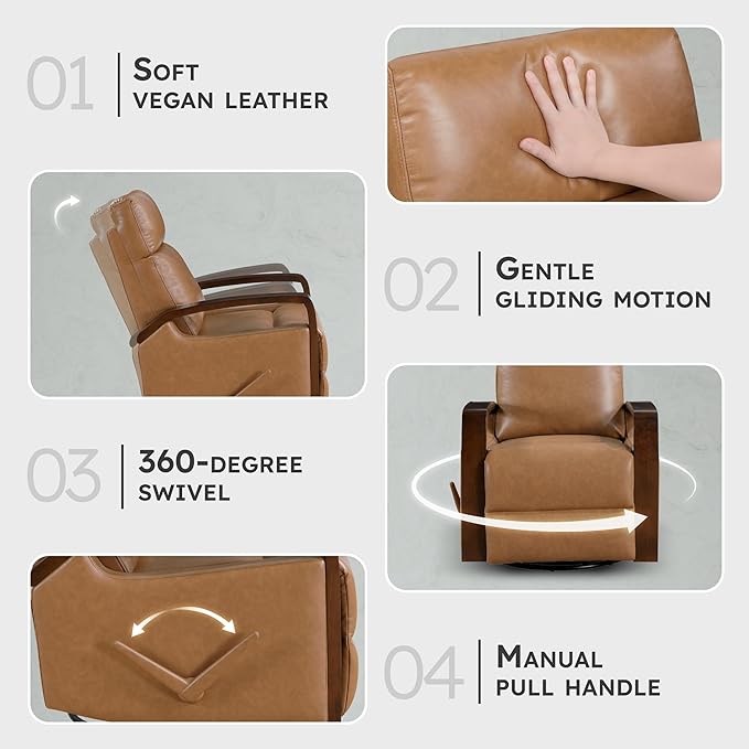 Lexicon 360 Degree Swivel Glider Reclining Chair Breathable Faux Leather Manual Recliner Comfy Nursery Glider Recliner Wood Arms Pull Handle for Living Room/Office/Bedroom/Apartment Camel Brown
