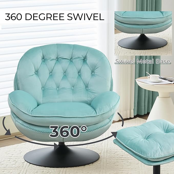 Velvet Swivel Accent Chair with Ottoman SetModern Tufted Armchair with Footrest for Living RoomReading TV Chair for AdultComfy Chaise Lounge Chairs with 360 Degree Swiveling for BedroomTeal