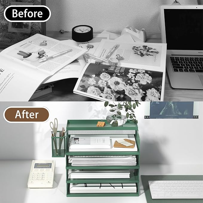 Metal Stackable Letter Trays 4-Tier Desk Organizer &amp Paper Trays for Office Stackable File &amp Document Tray with Magnetic LabelsGreen