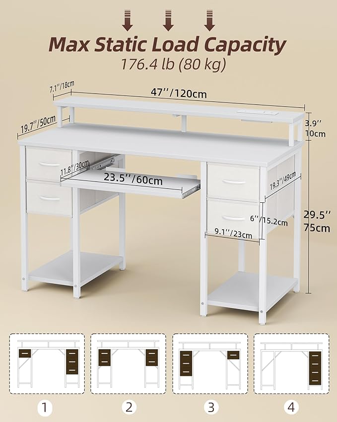 TIQLAB Computer Desk with Drawers and Power Outlets 47 Inch Gaming Desk with LED Lights Home Office Desk with Monitor Stand and Keyboard Tray Study Writing Work Desk for Home Office White