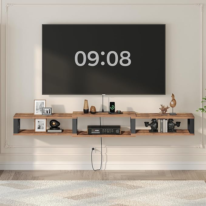 68.5 Floating TV Stand with Power Outlet Wall-Mounted Entertainment Center for 75+ inch TV Floating Media Console Shelf for Under TV Storage Living Room Bedroom Rustic Brown TVHR103E01