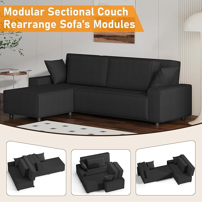 GAOMON Fine Stripe Corduroy Sectional Sofa l Shaped Modern Corduroy Couch Comfy Sofa Couch with Deep Chaise for Living Room Apartment Hotel 96 w*61 d*32 h Black