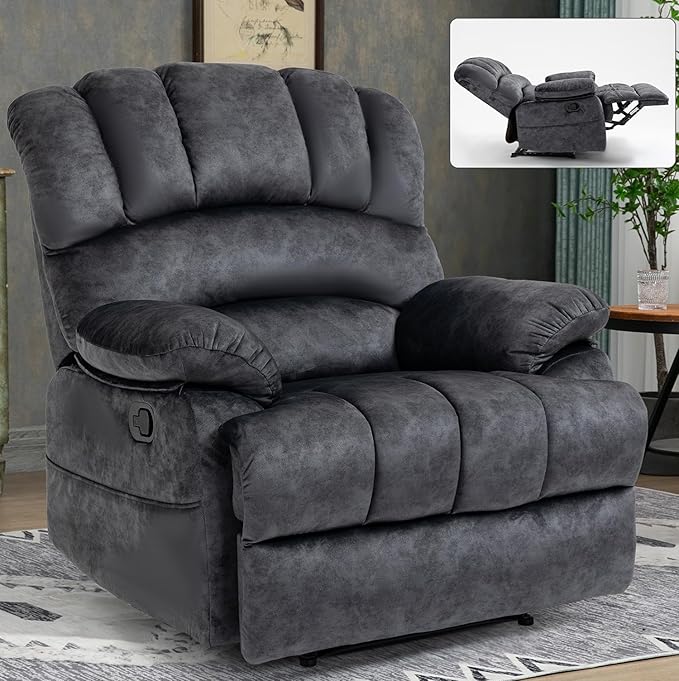 Manual Recliner Chair with Adjustable Recline for Living Room Oversized Lazyboy Recliner Chairs with Overstuffed Arm &amp Back Comfy Soft Fabric Lounge Single Sofa for Adults (Grey)