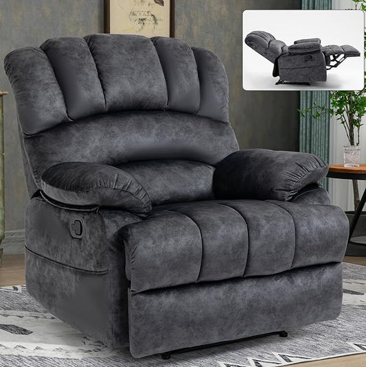 Manual Recliner Chair with Adjustable Recline for Living Room Oversized Lazyboy Recliner Chairs with Overstuffed Arm &amp Back Comfy Soft Fabric Lounge Single Sofa for Adults (Grey)