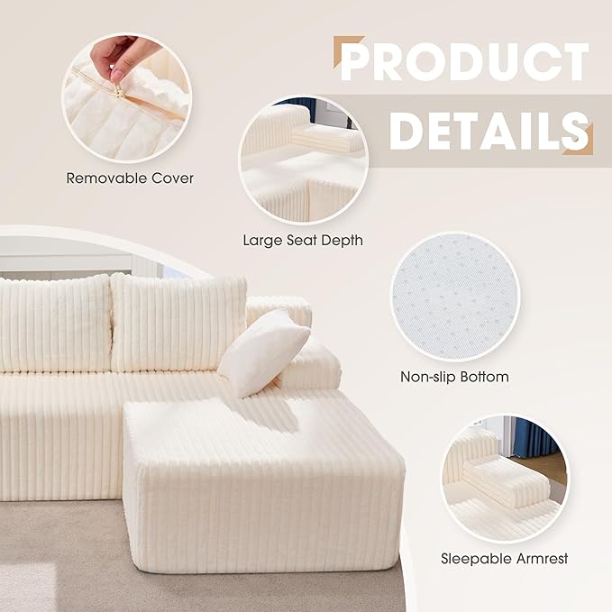 Modular Sectional Sofa Couches L-Shape Couch 3 Seat Modular Sofa Memory Foam Sectional Couches for Living Room Cloud Couch with Oversized Chaise (White Stripe 96 Right Facing Chaise)