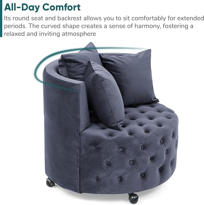 JOYBASE Swivel Barrel Chair Round Swivel Accent Chair Comfy Circle Club Lounge Chair Armchair Modern Sofa Chair for Living Room Office Bedroom (Blue-Grey Velvet)