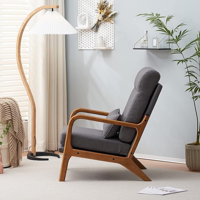 JOYBASE Lounge Accent Chair Mid Century Modern Chair High Back Chair Wood Frame Armchair Comfy Reading Chair for Living Room Office Bedroom (Dark Grey Fabric)