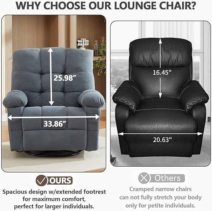 Oversized Recliner Chairs for AdultsSwivel Rocking Chair Recliner with Wide Arms&amp Backrest Fabric Reclining Chair with Pockets Lazy Boy Recliners for Living Room Bedroom (Blue1)