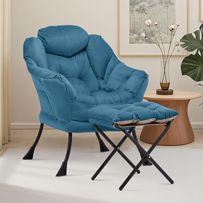 Lazy Chair with Ottoman Comfy Accent Lounge Chair with Side Pocket Modern Reading Armchair with Footrest Upholstered Sofa Chair for Small Spaces Bedroom Living Room Dorm Blue