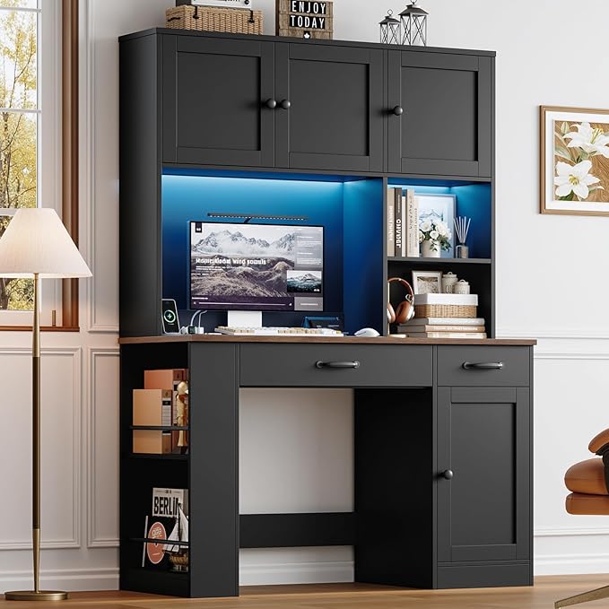 Keyluv 71 Tall Computer Desk with Hutch Cabinet Home Office Desk with Storage Drawers Shelves and Side Rack Wood Executive Desk with Doors Outlet Station and Smart LED Lights Black