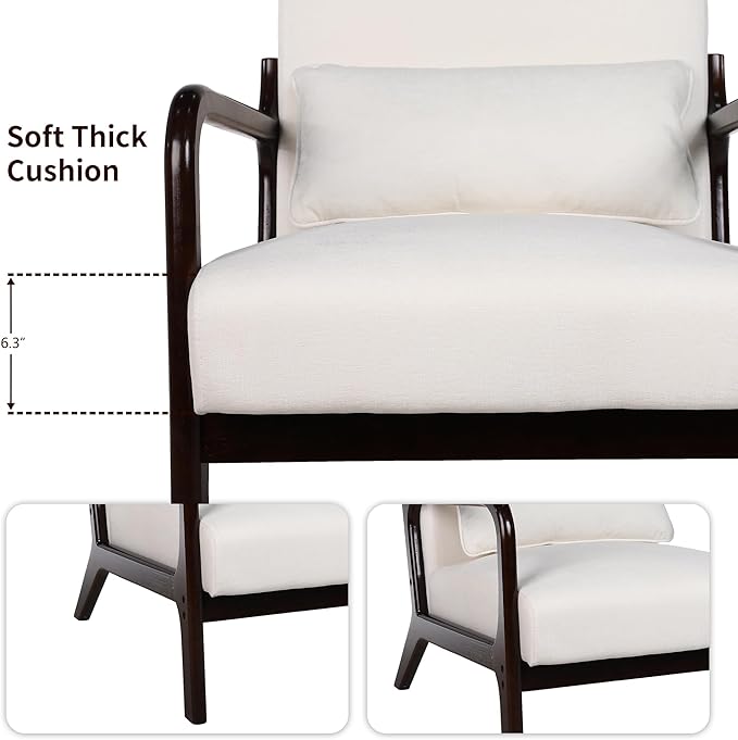 Mid Century Modern Accent Chair with ArmrestsSolid Wood Frame Cushioned Seat &amp Backrest Easy Assembly Ideal for Living Room Bedroom Office Light Beige