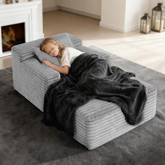 45'' Chaise Lounge Chair Indoor Corduroy Upholstered Boneless Sofa Bed Deep Seat Sleeper Couch Reading Chairs Small Comfy Cloud Sofas Couches for Living Room Bedroom Movie Room (LightGray)