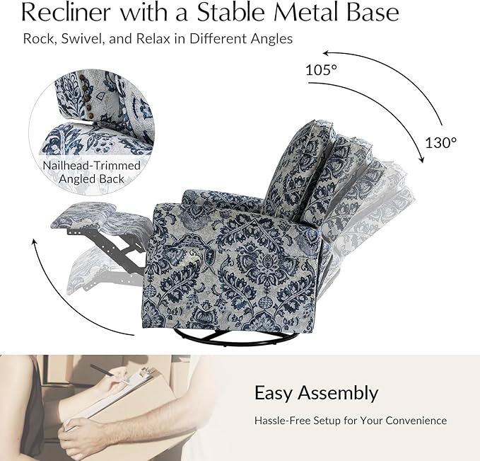 HULALA Home Modern Rocker Recliner Printed Fabric Swivel Glider with Adjustable Backrest &amp Footrest Comfy Upholstered Manual Recliner Chair Home Theater Singe Sofa for Bedroom Living Room Damas