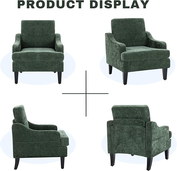 Set of 2 Accent Chair for Living RoomMid-Century Arm Chair Chenille Fabric Living Room ChairsUpholstered Reading Chair for BedroomSingle Sofa Chair with Wood Legs for Apartment (Green)