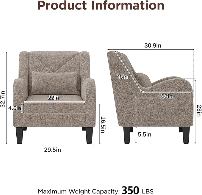 Maupvit Chenille Accent Chair for Living Room Bedroom Chair Comfy Reading Chair Upholstered Arm Chair Single Sofa Chair with Lumbar Pillow Mid Century Modern Chair for Small Spaces Grey