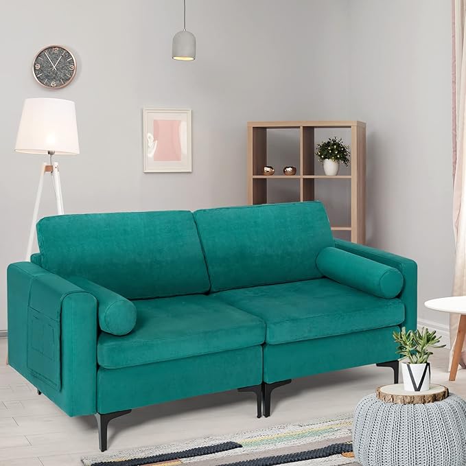 Giantex 68 Modern Loveseat 2-Seater Sofa Couch Thick Cushion &amp 2 Bolsters Armrest Magazine Cabby with 2 Pockets Metal Legs Ideal for Living Room Reception Room Office