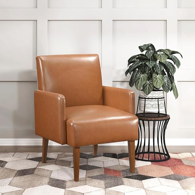 Mid-Century Modern Accent Chair Brown Faux Leather Walnut Finish Living Room Seating