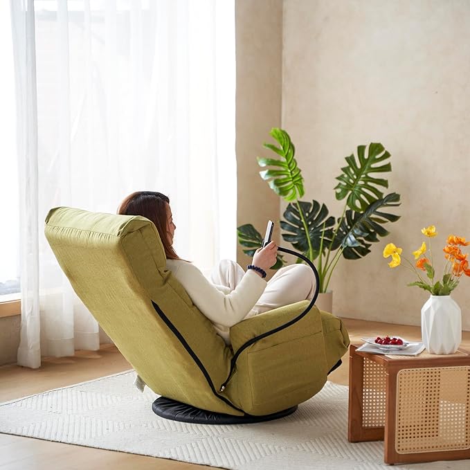 Gwen Upholstered 360° Swivel Chair Lounge Chair with Adjustable Backrest/Headrest Metal Frame Living Room Lounge Sofa and Phone Holder Comfy Bean Bag Chair Green