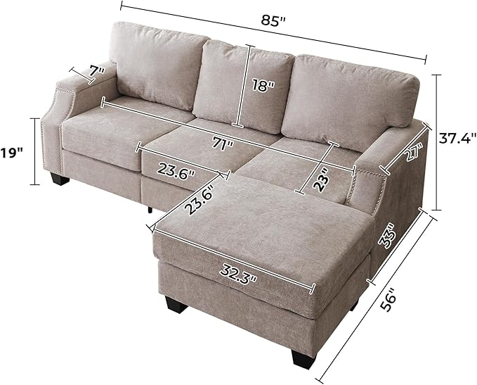 85 Sectional Couches with Armrest Organizer L Shaped Couch with Storage Ottoman3-Seater SofaThick CushionsSmall Sofas for Living RoomBedroomApartmentChenilleKhaki