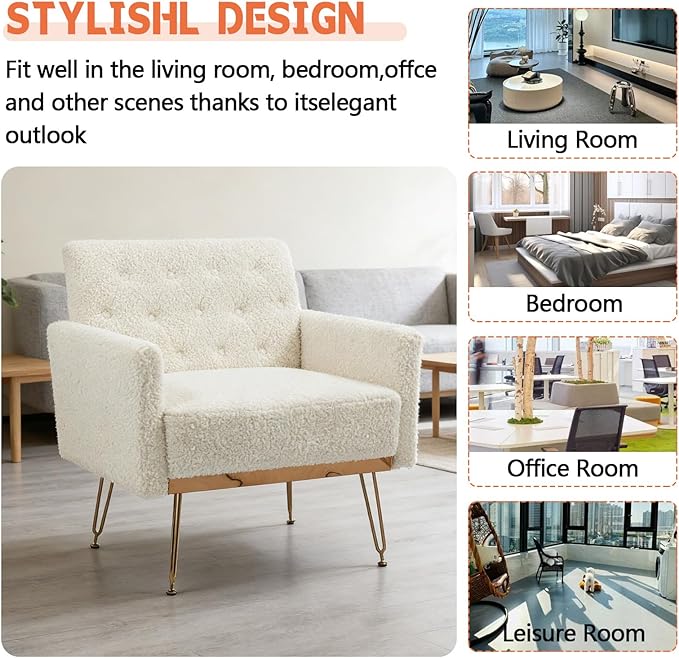 White Accent Chair for Living RoomBedroom | Mid Century Modern Armchair with Leg and Tufted Back Teddy Comfy Small Single Reading Chair (White)