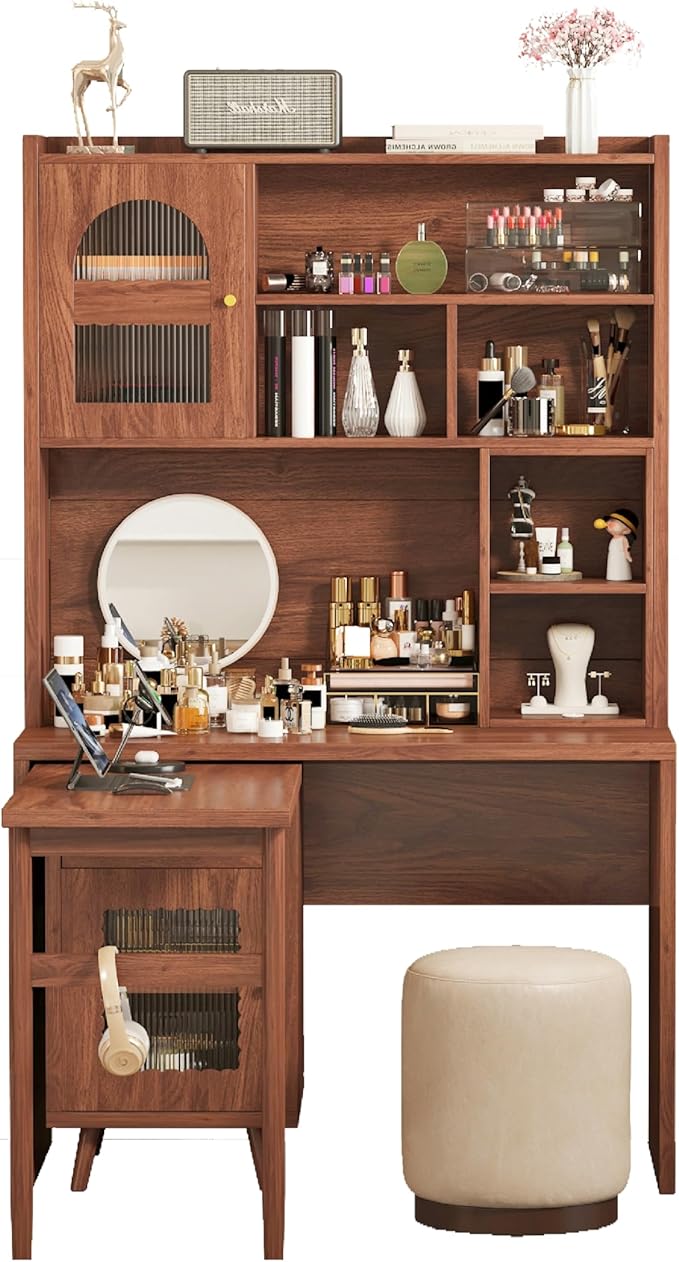 Bellemave Computer Desk with 90 Degree Rotating Desktop 43x70 Inch Home Office Desk with Drawer and Storage Cabinets Gaming Desk with Shelves Writing Desk for Study (Walnut)