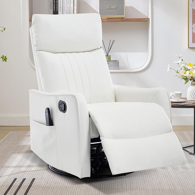 Swivel Rocker Recliner Chair 360° Swivel Recliner with Heat and Massage Rocker Recliner Upholstered Fabric Nursery Glider Recliner Chair with Side Pockets for Living Room PU White