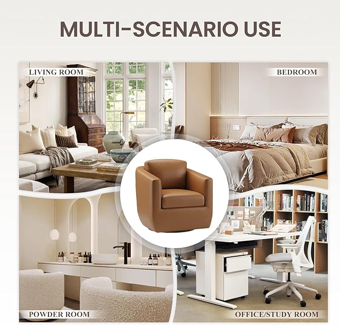 COLAMY 360° Swivel Accent Chair Set of 2 with Pillow Leather Living Room Armchair No-Sag Foam &amp Sturdy Metal Base Fully Assembled Swivel Single Sofa for Bedroom Living Room Reading Room Brown