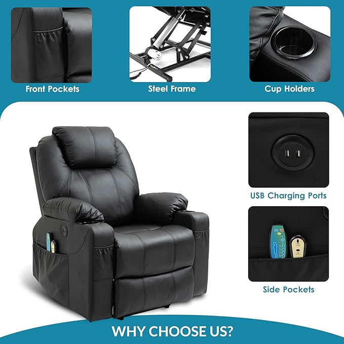 Power Lift Recliner Chair for Elderly Electric Massage Heated Recliner Faux Leather Lift Chair with 2 Remote Controls USB Ports Cup Holders &amp Side Pockets for Living Room (Black)