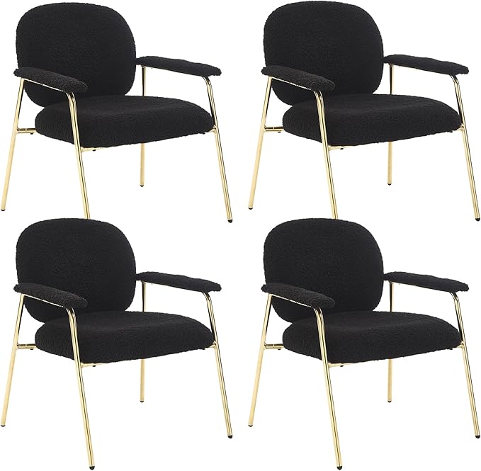 Accent Chair Set of 4 Sherpa Upholstered Armchair Reading Side Chair Comfy Living Room Chair with Gold Metal Legs for Bedroom Waiting Room Black
