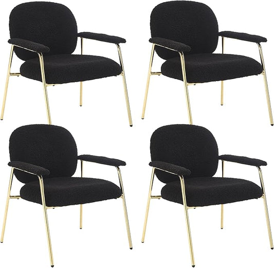 Accent Chair Set of 4 Sherpa Upholstered Armchair Reading Side Chair Comfy Living Room Chair with Gold Metal Legs for Bedroom Waiting Room Black