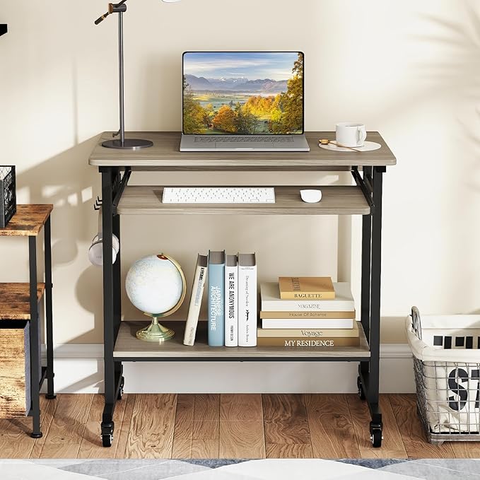 LDAILY Moccha Rolling Computer Desk Mobile Computer Desk with Keyboard Tray Portable Laptop PC Desk Open PC Stand 3 Earphone Hooks Wooden Computer Cart for Office Home (Grey Oak)